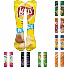 1 pair Funny Unisex Men Art Socks women printing Potato chips Knee High Socks cotton art Long socks For men 8S-D15