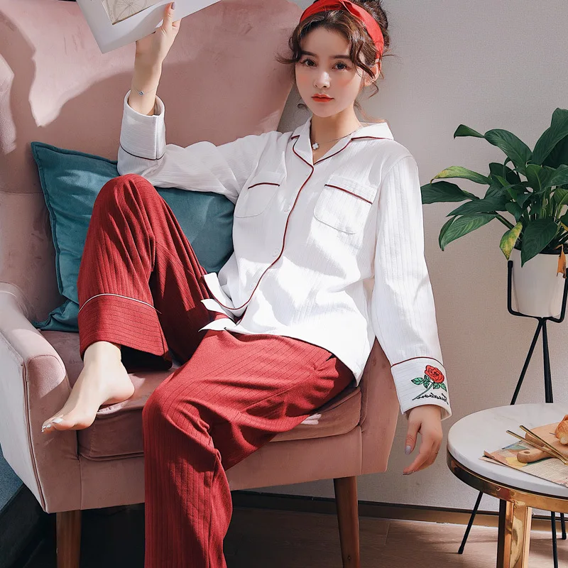 

Korean-style Pajamas Female Spring Autumn & Winter Pure Cotton Long Sleeve Sunken Stripe-Japanese-style Home Wear Europe And Ame