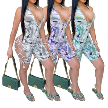 

Women Bodycon Jumpsuit Rompers Clubwear Deep V Neck Sleeveless Dollar Print Backless Summer Outfits Sexy Bodysuit For Women