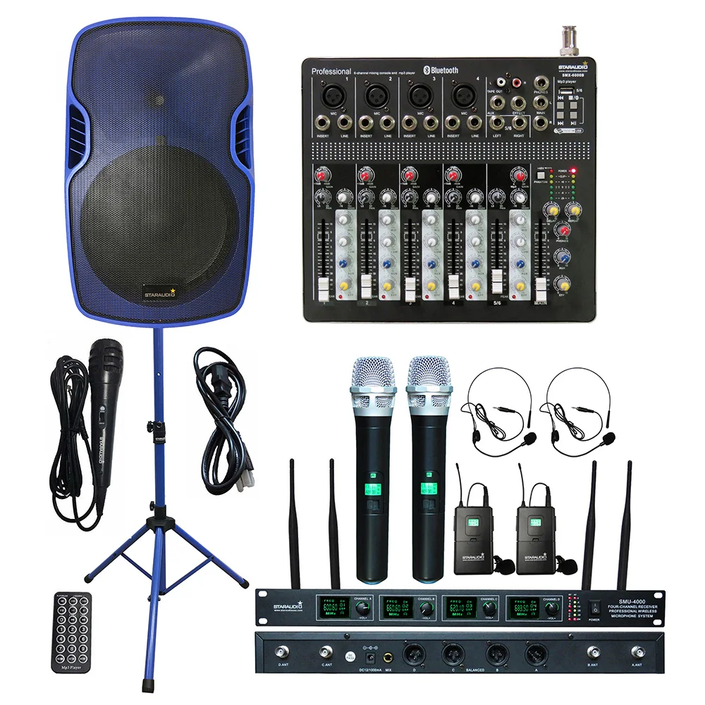 

STARAUDIO 3500W 15" Active Powered PA DJ Speaker System PA Stand 4CH UHF Wireless Handheld Headset Mic 6CH USB BT Mixer SSBM-15