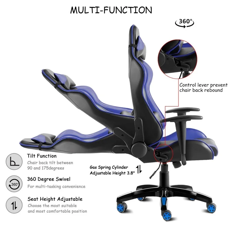 High Back Gaming Reclining Office Chair 360 Degree Swivel 5 Wheels Removable Head Rest Pillow Lumba