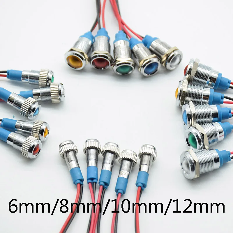 1pc 6mm/8mm/10mm/12mm 5V 6V 12V 24V 220V LED Metal Indicator light waterproof Signal lamp with wire lights Waterproof IP67 | Обустройство