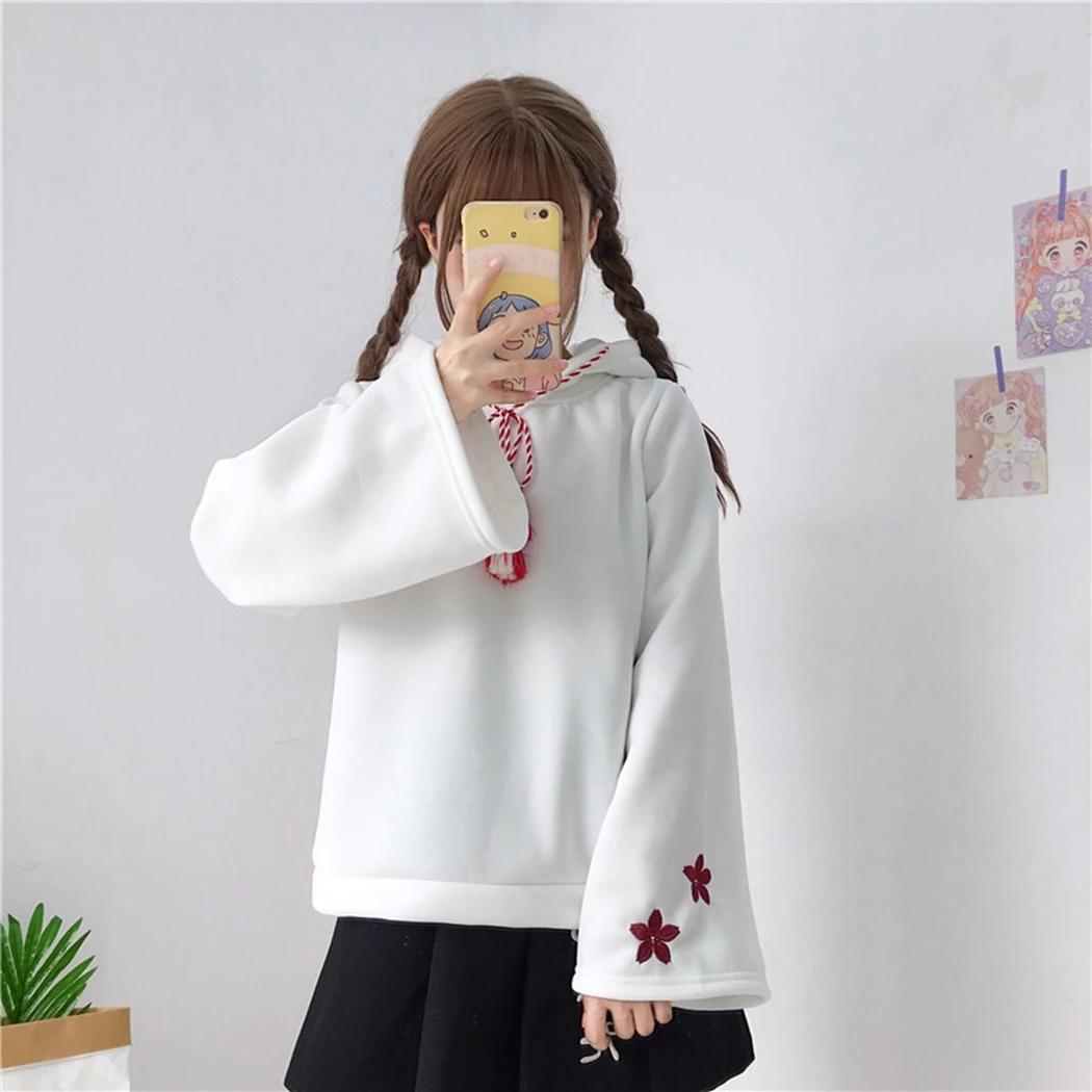 

Japanese Style Kawaii Cat Ear Hoodie Women Harajuku Embroidery Floral Hooded Sweatshirt Loose Flare Sleeve Tassel Hoody Pullover