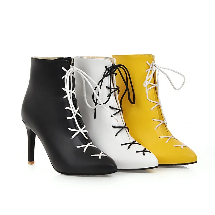 

Lace Up Black Boots Fashion Womens Shoes 2019 Sexy Ankle Woman Pointy High Rock Bootee Lace-Up Rome PU Riding Thin Heels Autumn