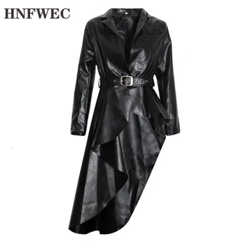 

PU leather women's trench lapel collar long sleeve sashes irregular hem windbreaker female 2019 fashion autumn F318