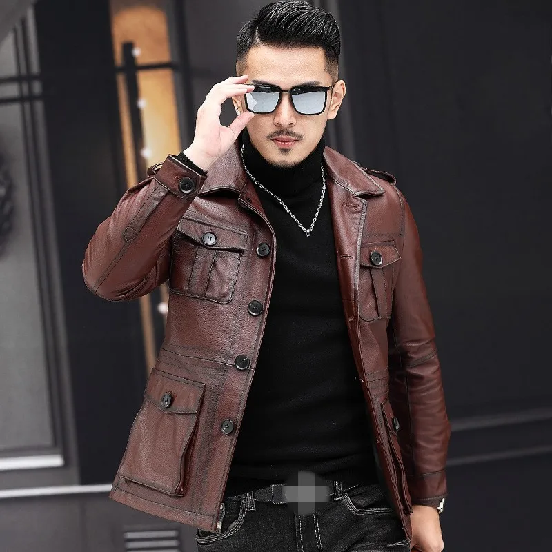 Autumn Winter Short Genuine Leather Jackets Mens New Cowhide Slim Casual Coat Turn-Down Collar Single Breasted Outerwear long sheepskin coat