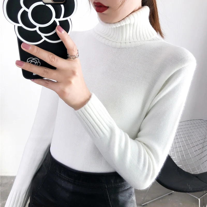 

2019 New Autumn winter Women Knitted Sweaters Pullovers Turtleneck Long Sleeve Solid Color Slim Elastic Short Sweater Women