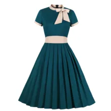 Vestido Vintage Beige con lazo plisado de algodón 1940s 1950s para mujer