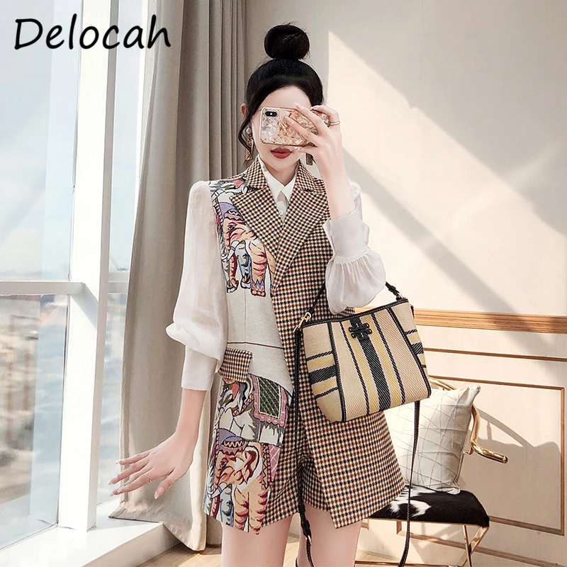 Delocah New 2021 Autumn Women Fashion Runway Shorts Set Sleeveless Vintage Print Vest+High Waist Plaid 2 Two Pieces Suits |