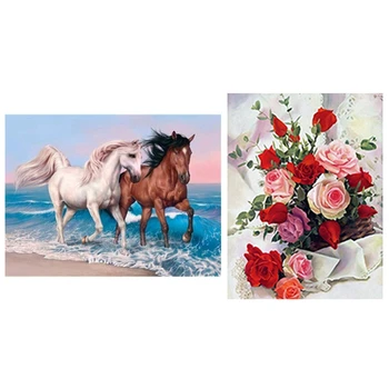 

5D Diamond Painting Full Drill Paint Two Horses Walking on the Beach 30X40CM & Rose Diamond Round Diamond Embroidery