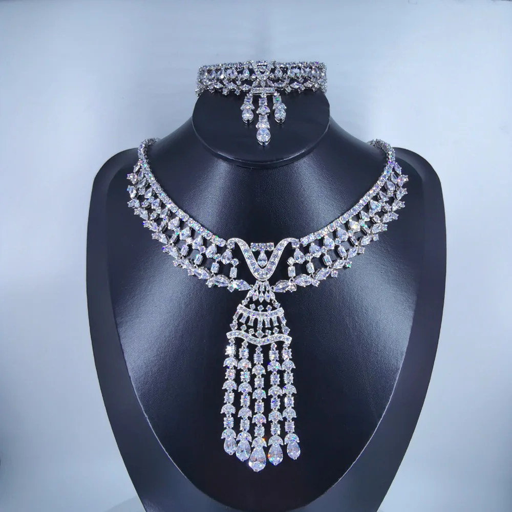 

Новинка, модное роскошное богемное длинное циркониевое колье с кисточками, серьги, браслет, кольцо, набор для свадьбы, банкета, ужина, украшения