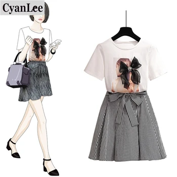 

Two Piece Set Women 2020 Summer New Casual O-neck Bow Loose T-shirt Tops And Skirt Stripe Belt Fashion Set 2 Pcs Set Girl Sets