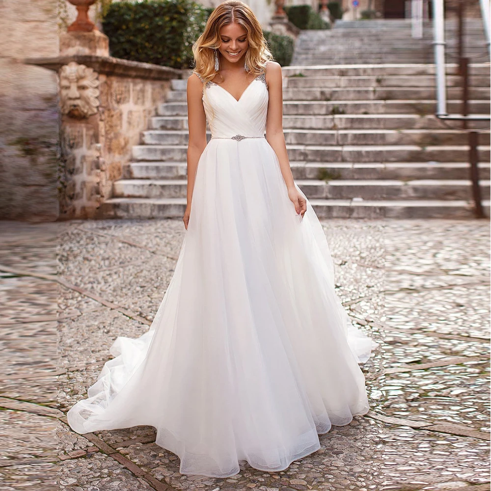

ADLN New Arrival A-line Wedding Dresses V-neck Beading Straps Pleats Draped Long Bride Dress Vestido De Noiva Open Back