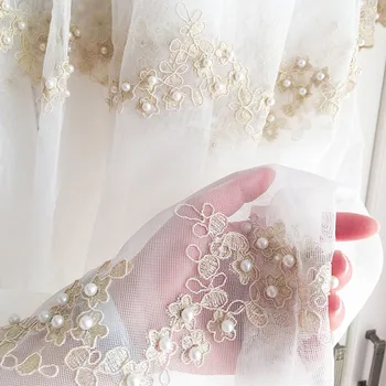 

European Luxury Pearl Embossed Golden Embroidered Tulle Curtain High-grade Lace Fabric For Living Room Priness Room Villa 447#4