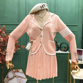 

Spring Korean Japanese Sweet Style Two Piece Set Women Knitted Jackets Coat + High Waist Pleated Mini Skirts Set Student autumn