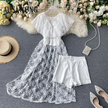 

2020 Summer New Women Long Lace Cardigan + Short Spaghetti Strap Top + Shorts 3 Piece Fashion Suit Woman Sexy White Sets