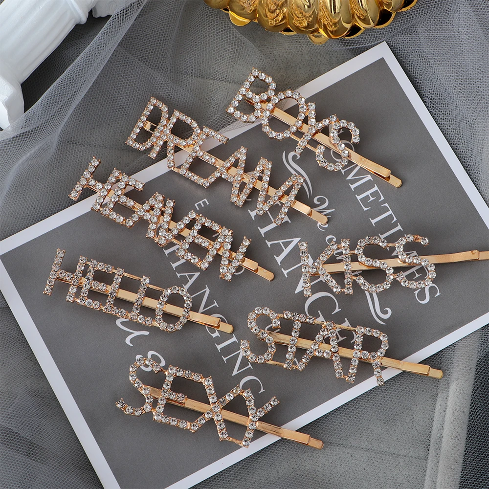 

1PC Luxury Rhinestones Letter Hair Pins Sparkly Word Barrettes Bling Crystal Metal Hairpins Bobby Pins Headwear Hair Accessories