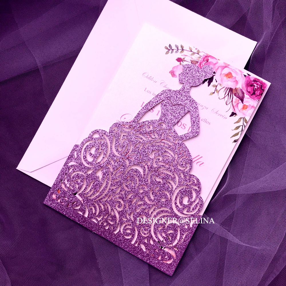 Роскошное фиолетовое блестящее Свадебное приглашение для вечеринки с лазерной обрезкой и карманом для Бальные приглашения с индивидуальным принтом