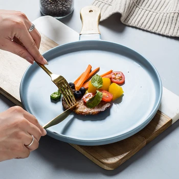 

20cm Ceramic Western Plates Nordic Marble Texture Pizza tray with Wood Handle Steak Plate Pasta Tray Western Tableware