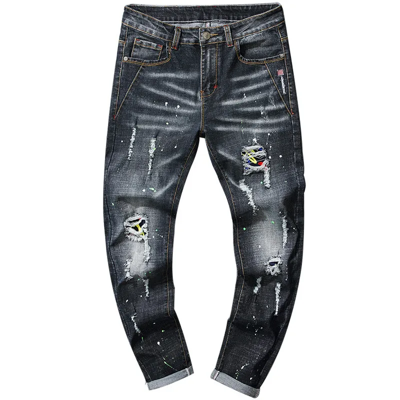 Брендовые дизайнерские мужские брюки крутые Модные узкие брюки рваные джинсы обтягивающие эластичные джинсы с принтом мотоцикл Hombre - Цвет: TY687