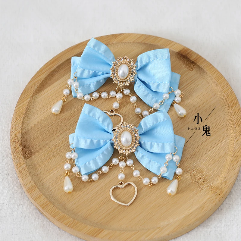Original Hand-Made Tea Party Lolita Hairpin Cute Sweet Bow Pearl Chain Headwear Princess Cosplay Lolita Halloween Headdress