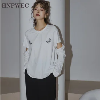 

Detachable Long Sleeve Tee Shirt Women White Butterfly Print Casual Top Designer T Shirt Spring Summer 2020 T633