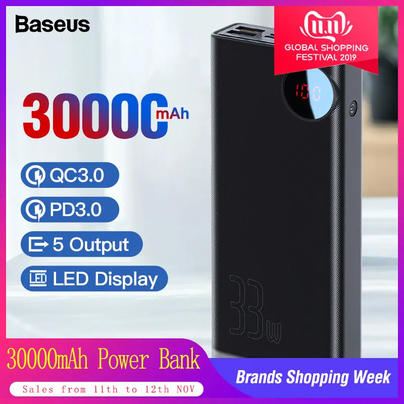

Baseus 30000mAh Power Bank USB Type C PD Fast Quick Charge 3.0 Powerbank For Xiaomi 30000 mAh Portable External Battery Charger