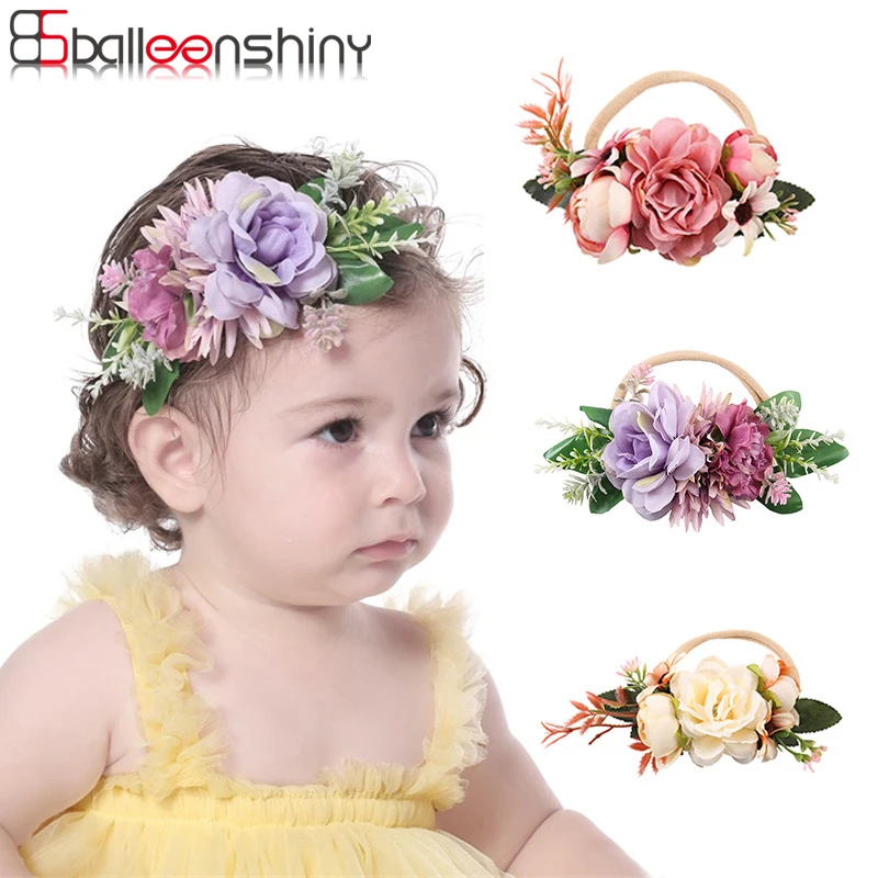 Balleenshiny Summer Flower Crown Headband Kids Soft Nylon Elastic Hairbands Head Bands Baby Girl Hair Accessories Headwear