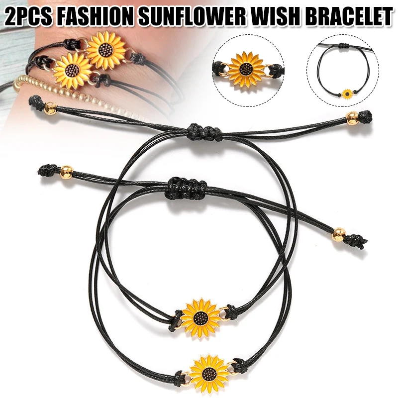 

2pcs Fashion Sunflower Wish Bracelet Adjustable Braided Bracelet Summer Alloy TC21