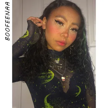 

BOOFEENAA Fashion Print Black Sheer Mesh T Shirt Turtleneck Long Sleeve Crop Top Graphic Tees Womens Clothing 2020 C16-I22