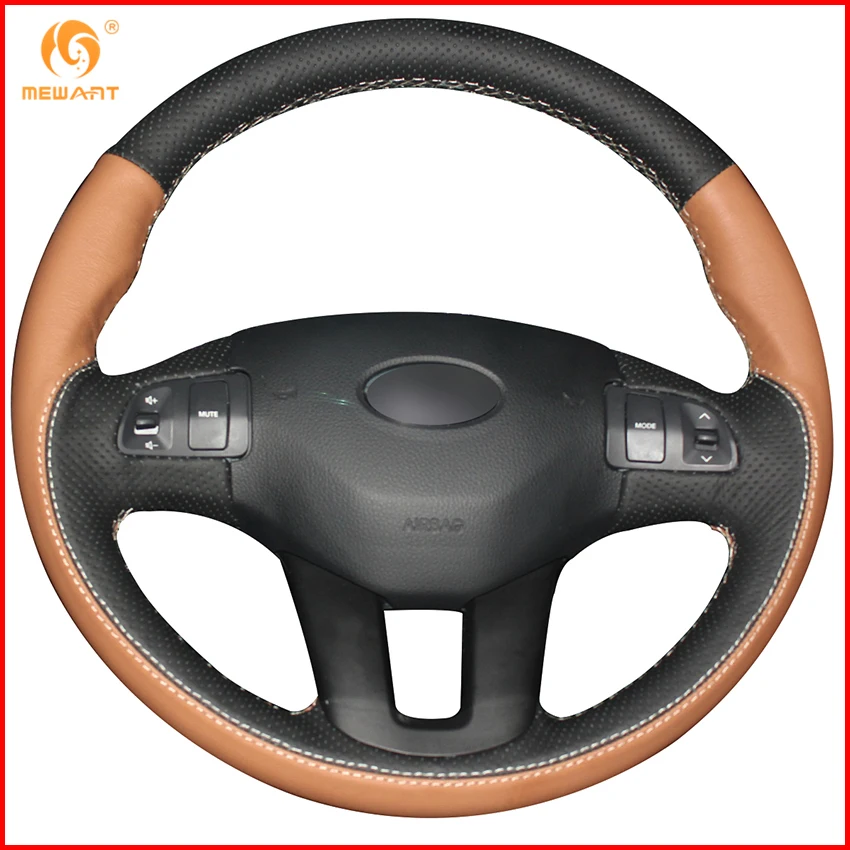 Mewant Black Brown Genuine Leather Car Steering Wheel Cover For Kia