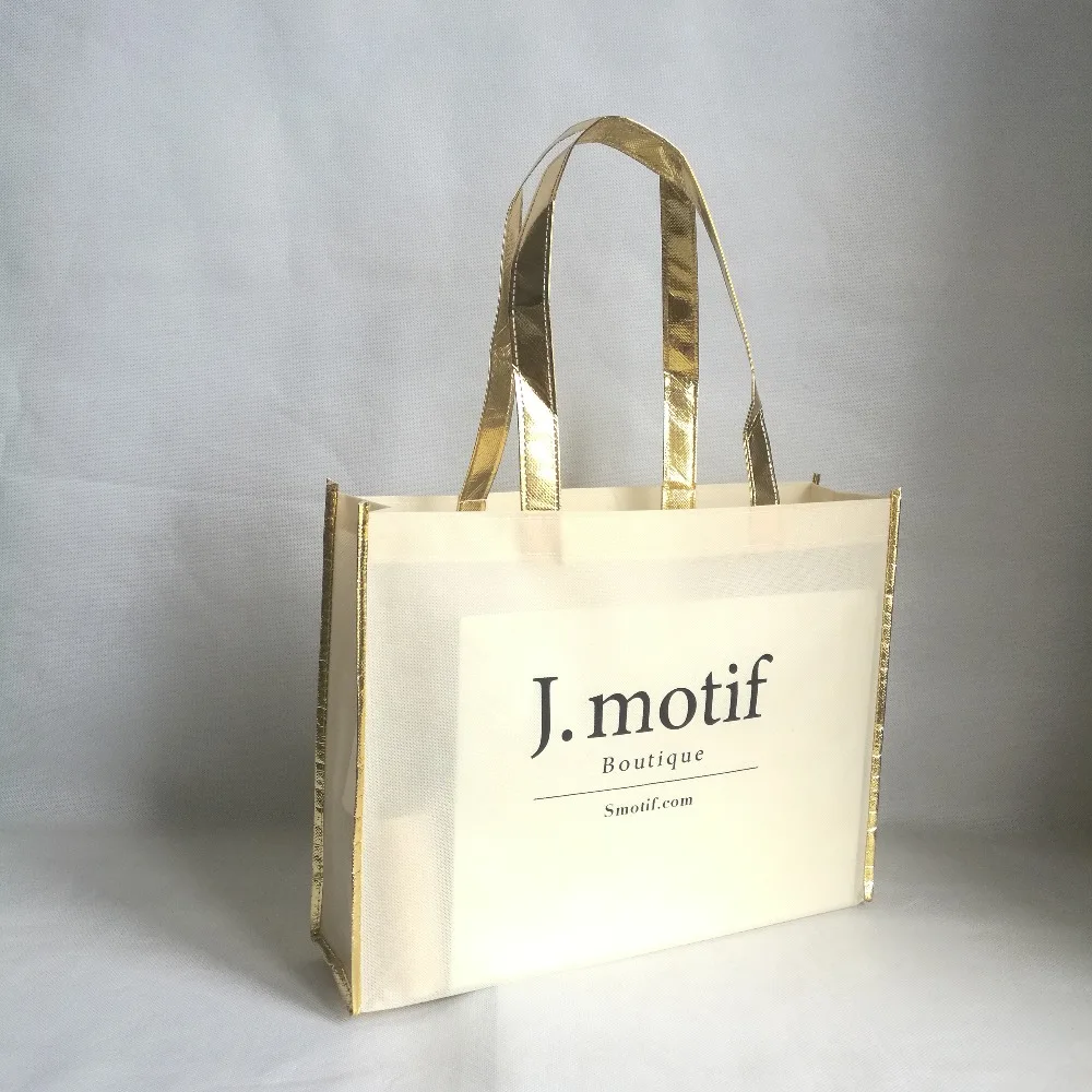 1000 шт/партия бежевые нетканые матерчатые хозяйственные сумки с золотой отделкой складные многоразовые нетканые рекламные сумки для выставки/подарков