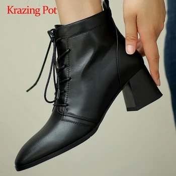 

Krazing pot work boots genuine leather cross-tied handmade square toe thick high heel zipper office lady dress ankle boots L15