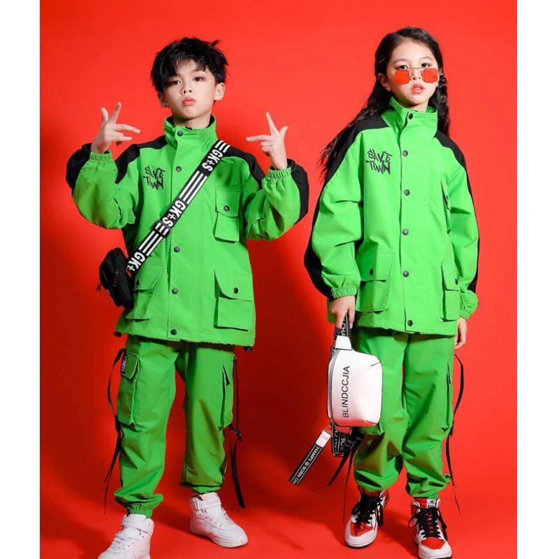 Детская классная зеленая Одежда для танцев в стиле хип-хоп куртка с карманами верхняя одежда повседневные штаны-карго джазовый танцевальный костюм для девочек и мальчиков