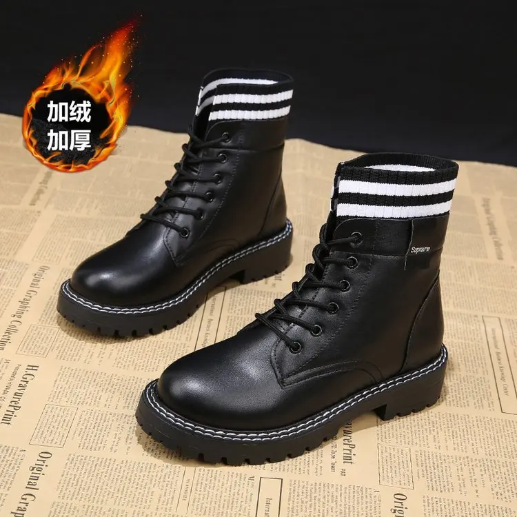 

Black And White with Pattern Martin Boots Women's British-Style Thick Bottomed plus Velvet Short Boots 2019 New Style Autumn & W