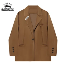 Chaqueta marrón para mujer, moda coreana, otoño e invierno, diseño elegante, con un solo botón, holgado, para oficina