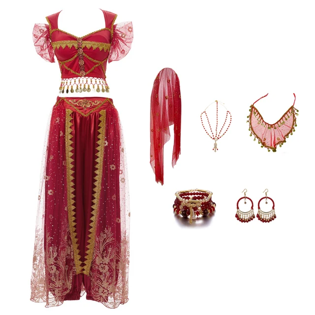 Festival Arabian Princess Costumes Indian Dance Embroider Bollywood Jasmine Costume Party Cosplay Jasmine Princess Fancy Outfit Red 2 - 7 pcs Set