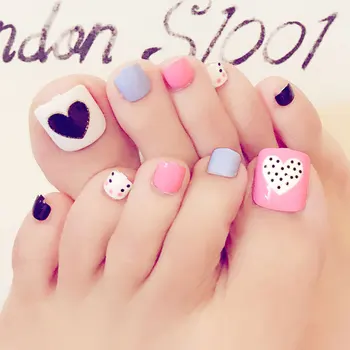 

Blue Pink Love Pattern 24 sheet/set Fake False Toenail Press on Tips Dark Blue and White Love with Dots Manicure Foot Wear J37