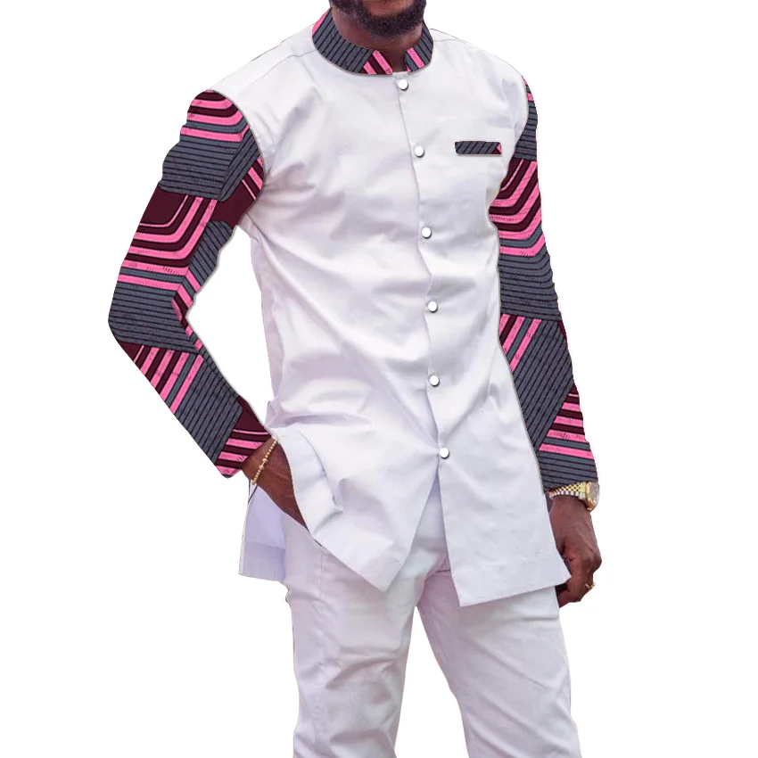 Африканский принт Мужской комплект Дашики Модные топы со штанами 2 шт. Набор стенд воротник рубашка + брюки белые наборы мужской наряд