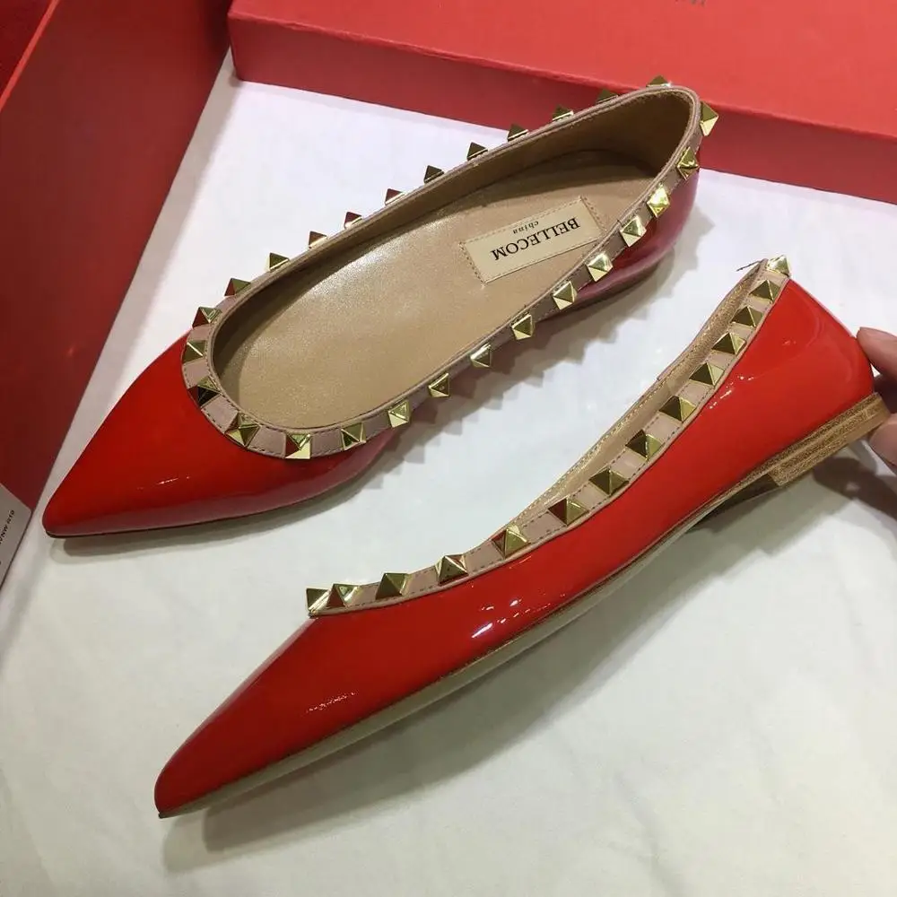

BELLECOM Spring and summer new rivet pointed patent leather women's shoes shallow mouth large size flat with pointed shoes s