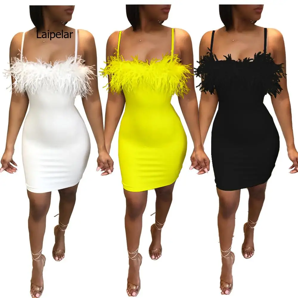 

Summer Feather Short White Sexy Christmas Dress Sleeveless Stain Dresses High Slit Elegant Party Club Women Dresses