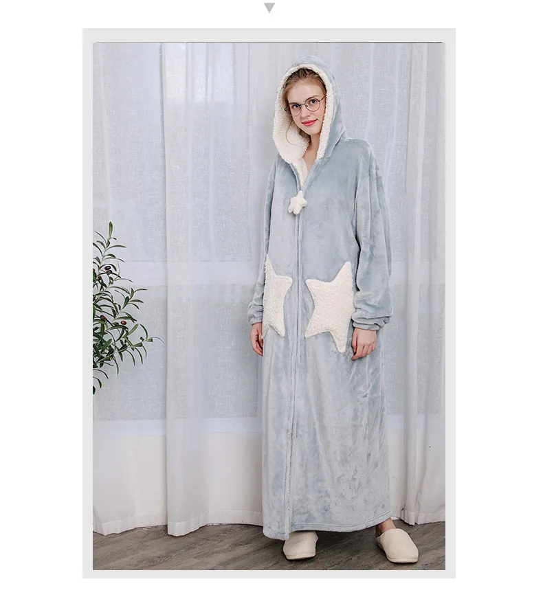 Зимний толстый удлиненный Пижамный халат на молнии женский модный теплый Халат с капюшоном со звездой и Луной свободный халат для подружки невесты