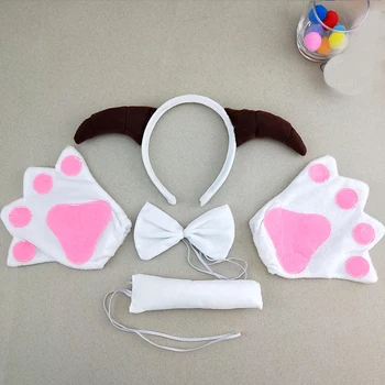

Kids Women White Sheep Goat Headband Bow Tie Tail Paws Gloves Set For Kids Adults Party Cosplay Costume Halloween Christmas