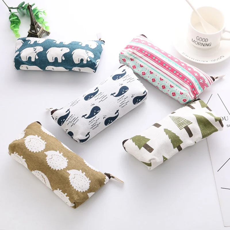 

New 1 Pcs Gift Pencil Bags Animals Canvas Floral Hedgehog Polar Bear Tree Whale Lovely Pencils Case Stationery School Supplies