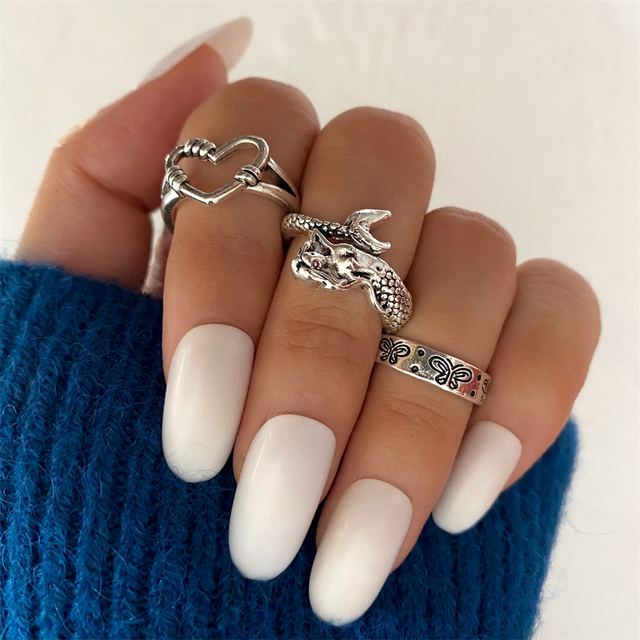 Vintage Silver Heart Chain Butterfly Hot Sale Rings Set for Women Men Punk Poker Flower Finger Rings 2021 Trend Jewelry
