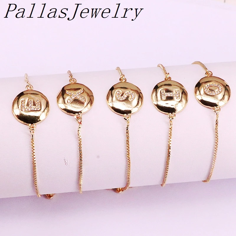 10 шт. модные ювелирные изделия Pave CZ 26 Браслеты с буквами скользящая цепь Золотые круглые регулируемые браслеты