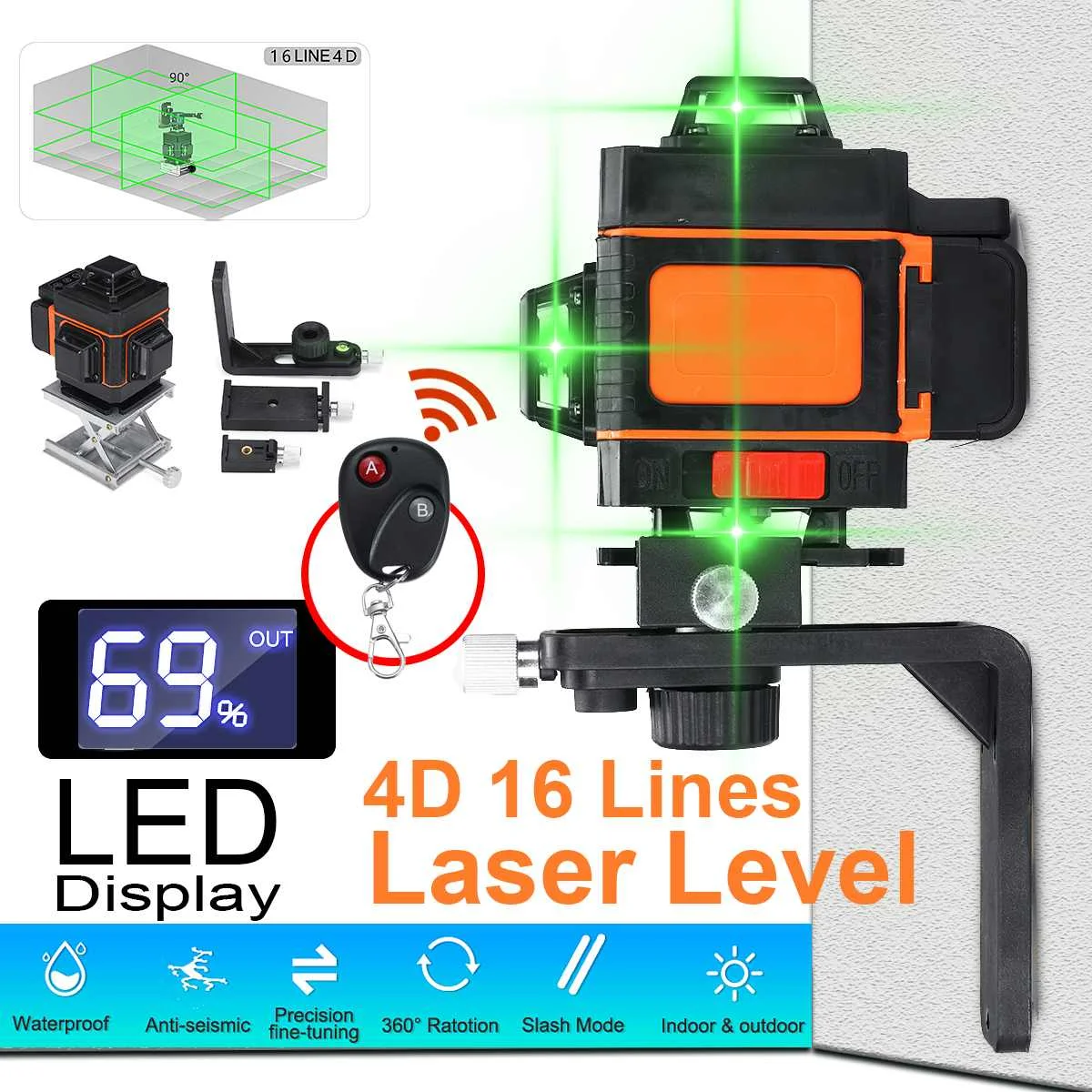 Лазерный уровень 4D с 16 линиями, зеленый светильник, лазерный уровень, автоматическое самонивелирование, 360 °, вращающийся, перекрестный светодиодный, водонепроницаемый