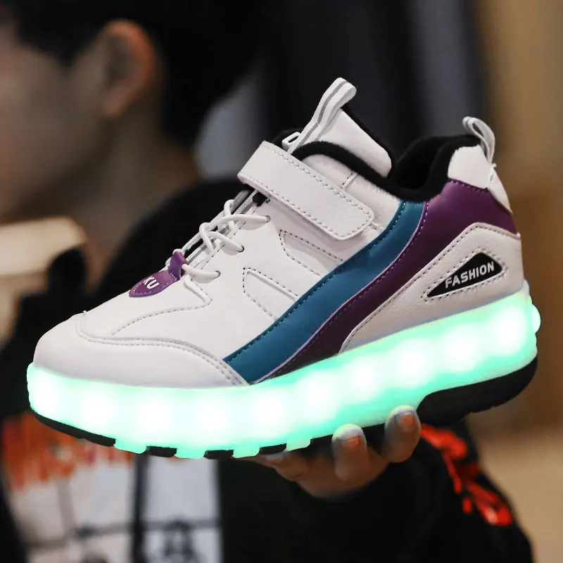 

New White Black USB Charging Fashion Girls Boys LED Light Roller Skate Shoes For Children Kids Sneakers With Wheels Two wheels