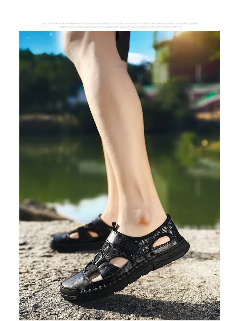 Новинка; уличные мужские сандалии; дышащие летние качественные Шлепанцы из воловьей кожи; повседневные кроссовки; уличная пляжная обувь; размер 46