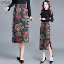 Новинка, Осень-зима, элегантная женская шерстяная юбка средней длины, ретро кнопка, Длинная женская юбка, с разрезом по бокам, с принтом, шерстяная юбка на бедрах
